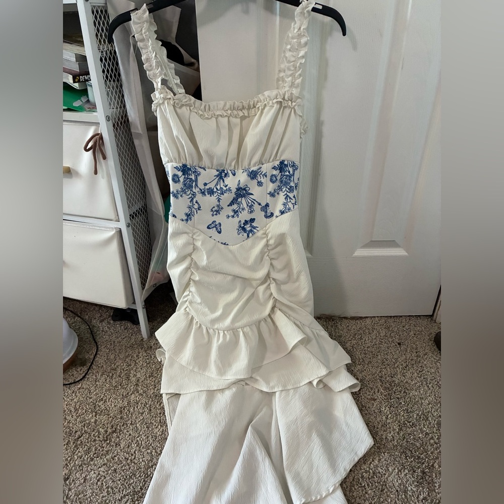 White and Blue Floral Maxi Dress